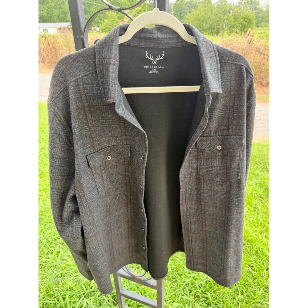 Age of Wisdom Mens XL Plaid Shirt Jacket‎ Gray Brown Button Front Shacket